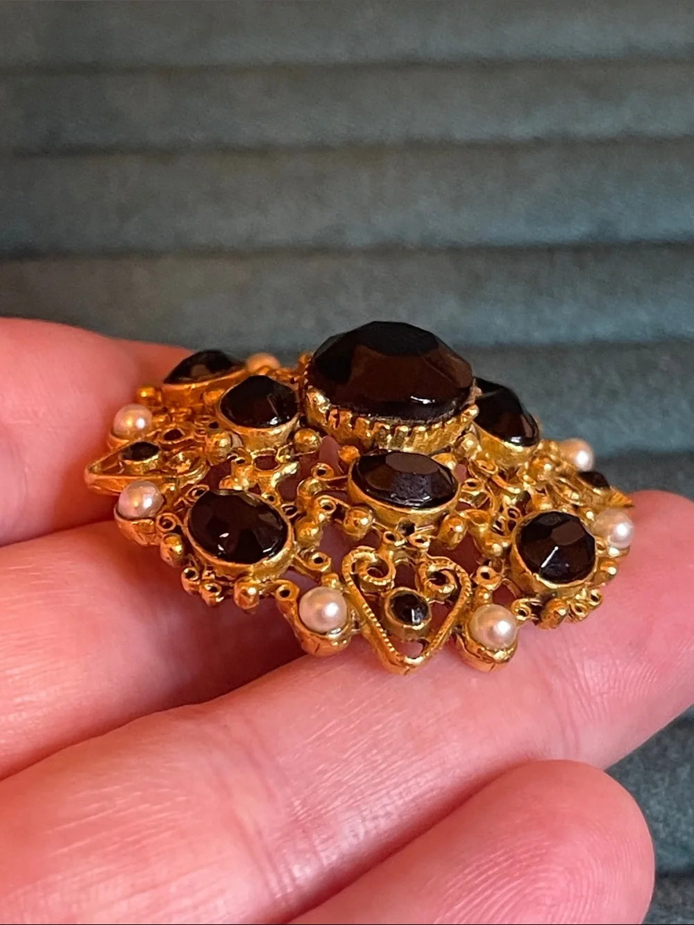 Vintage Florenza Victorian Revival Ornate Black & Faux Pearl Brooch